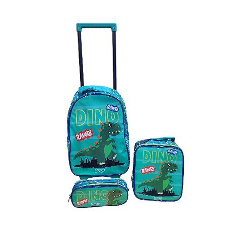 Kit Mochila Dino + Lancheira Térmica + Estojo Infantil