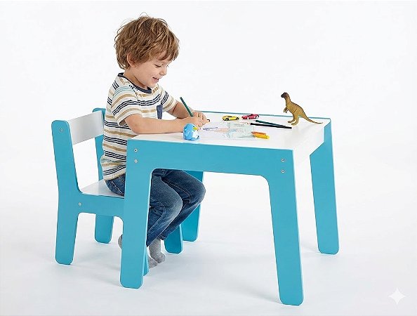 Conjunto Mesa E Cadeira Madeira Azul Junges