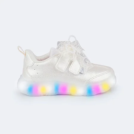 Tênis de Led Liz Luz Perolado com Laço de Renda Branco
