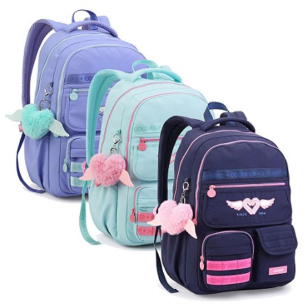 Mochila Juvenil Color Up Top com Pompom Seanite