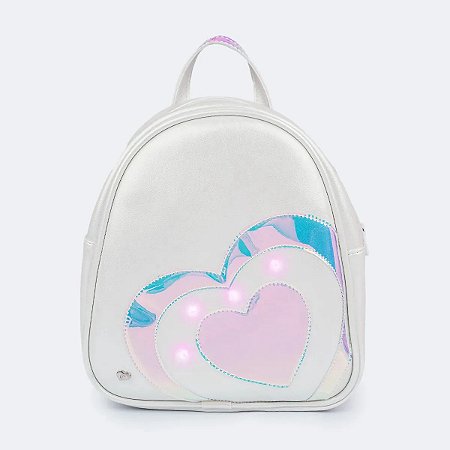 Mochila de Led Infantil Feminina Corações Branco Pampili