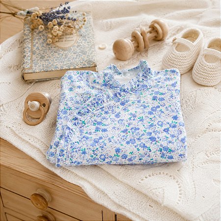 Macacão Bebê Menina Pima Baby Pijama Pé Coberto Floral Azul RN P