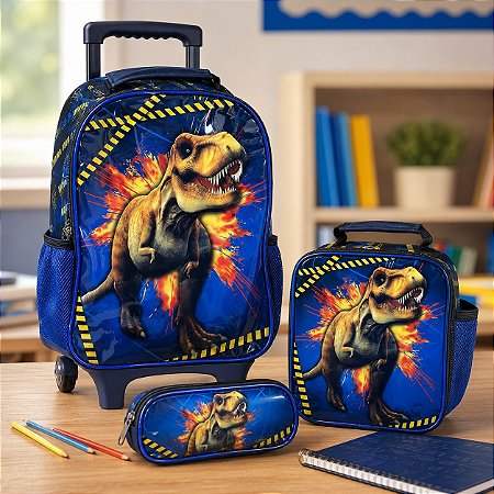 Kit Mochila Dinossauro T-Rex Azul + Lancheira + Estojo Infantil