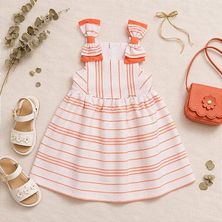 Vestido Infantil Brunisa Listrado Laços Coral Festa Menina