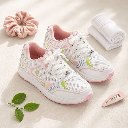 Tênis Molekinha Menina Escolar Branco Rosa Multi Color