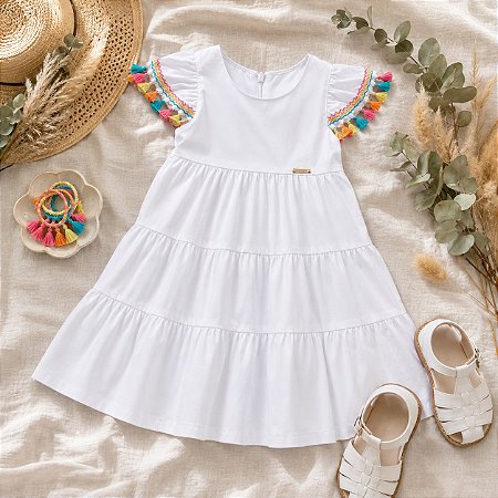 Vestido Infantil Menina Branco Borlas Coloridas Brunisa