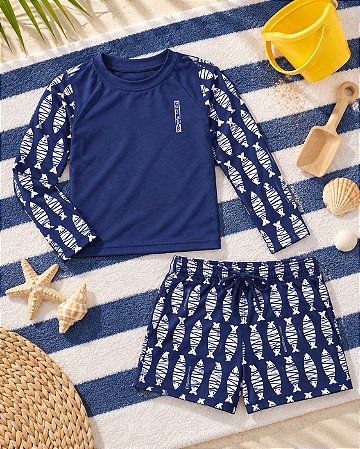 Conjunto de Praia Infantil Masculino UV 50+ — Have Fun (Peixinhos)