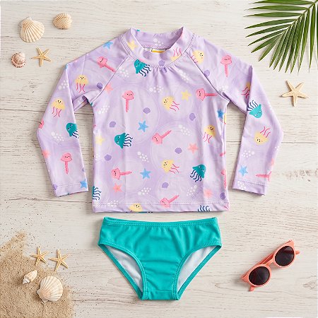 Conjunto Praia Infantil Menina Have Fun Manga Longa Lilás Fundo do Mar