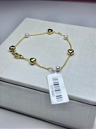 PULSEIRA CORAÇAO E PEROLA BANHADO A OURO 18K