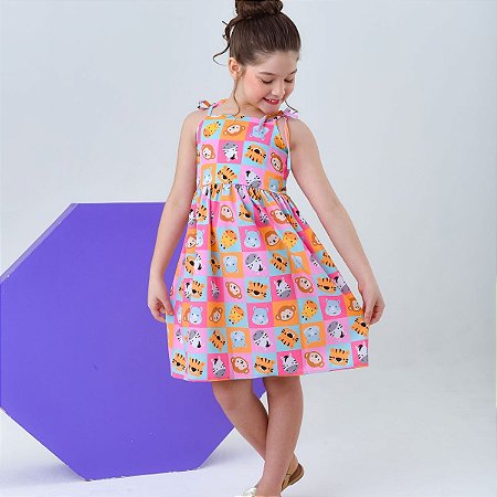 Vestido infantil menina estampa Reino animal modelo alcinha