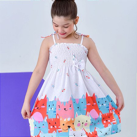 Vestido infantil menina moda tema dos Gatos modelo ciganinha
