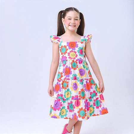 Vestido infantil meninas festa casual estampa de Sorrisos