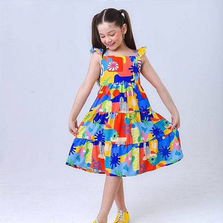 Vestido infantil menina festa casual estampado em Multicores