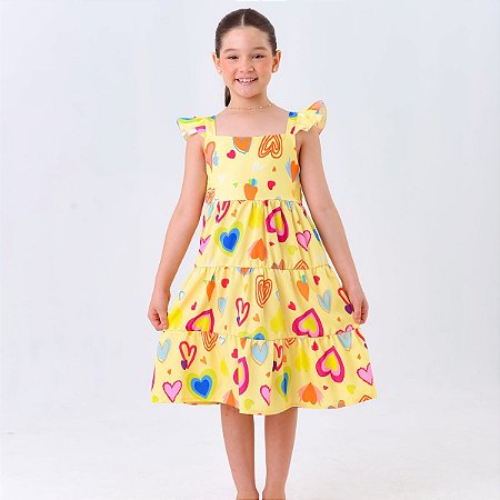 Vestido infantil menina festa casual cor amarelinho coração