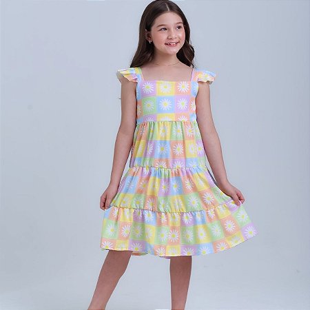 Vestido Infantil Meninas Estampado Flor Margarida Rodado