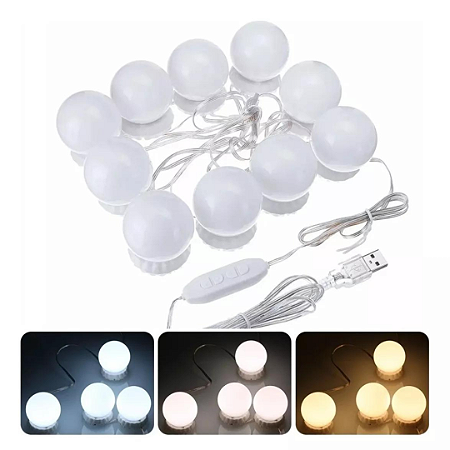 Kit Luz De Espelho Maquiagem Camarim 10 Lâmpadas Led Ajustáveis