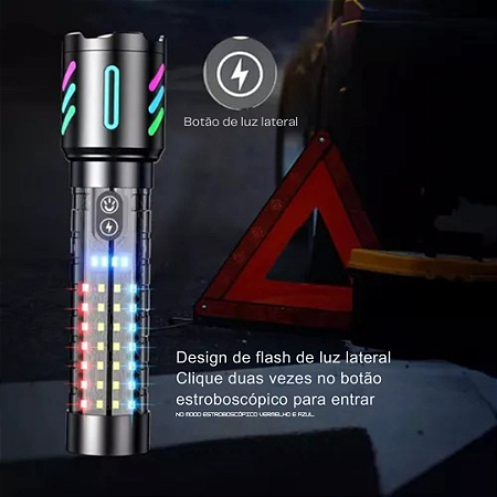 Lanterna Tática LED 20W Recarregável Tipo-C Zoom Telescópico