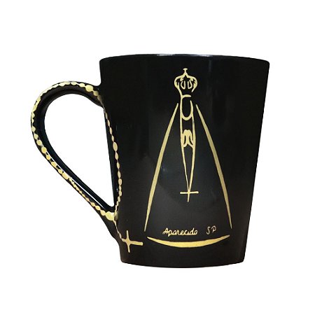 Caneca Nossa Senhora Aparecida Preta com Terço Dourado