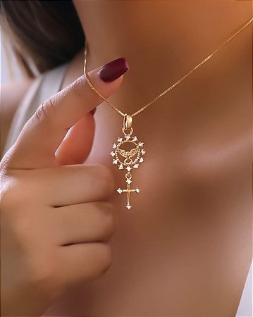 Gargantilha Zircônia Espírito Santo E Cruz Pendurada