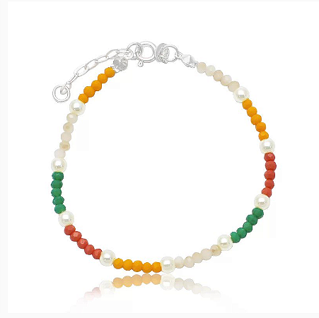 Pulseira Prata Nylon 18 Cm + 2 Cm Miçangas Cores Quentes E Pérolas