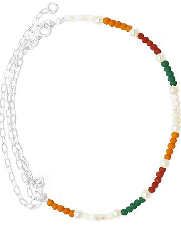 Gargantilha Prata 35 Cm + 10 Cm Nylon Miçangas Cores Quentes E Pérolas