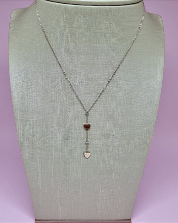 Corrente Gravatinha de Aço Rosé 40cm + 5cm de Extensão com Coração Liso e Pedrinhas Zircônias