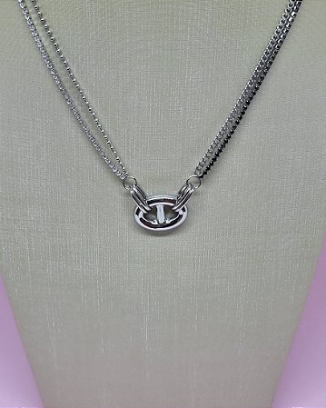 Colar Choker Pingente Alfabeto Teta Grego Aço Prateado - 40cm + 7cm Extensão