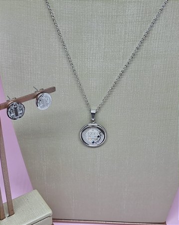 Conjunto de Aço Colar e Brinco de São Bento - 45cm