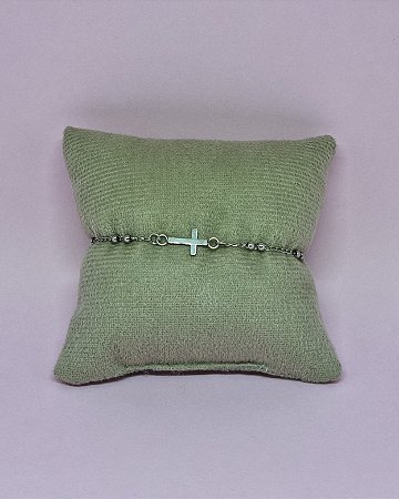 Pulseira Bolinhas de Aço e Cruz em Aço Prateado- 18cm + 3cm