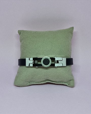 Bracelete Pulseira Masculina de Couro e Aço Prateado- 22cm