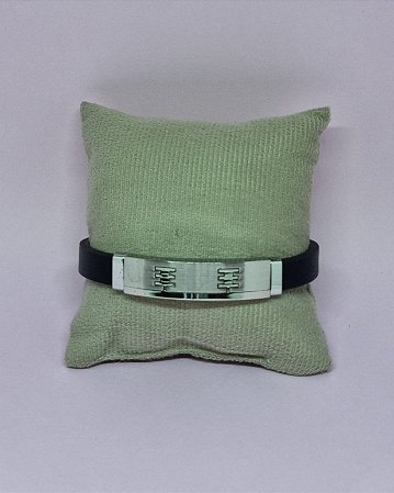 Bracelete Pulseira Masculina de Couro E Aço Prateado - 22cm