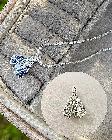 Pingente Prata Nossa Senhora Aparecida 1 Lado Zirconia Safira Outro Lado Zirconia Cristal