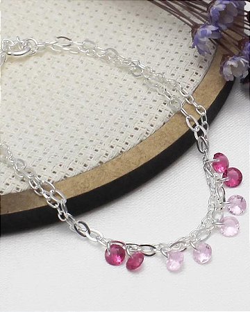 Pulseira Prata Dupla 18 + 2cm com Pontos De Luz Rosa e Pink Pendurados
