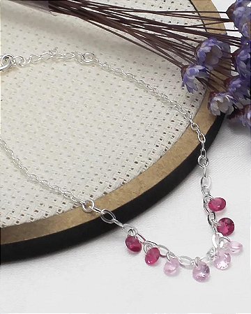 Pulseira Prata 18 + 2cm com Pontos de Luz Rosa e Pink Pendurados