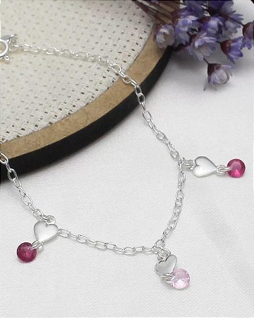 Pulseira Prata 18 + 2cm 3 Corações C/ Pontos De Luz Pink E Rosa