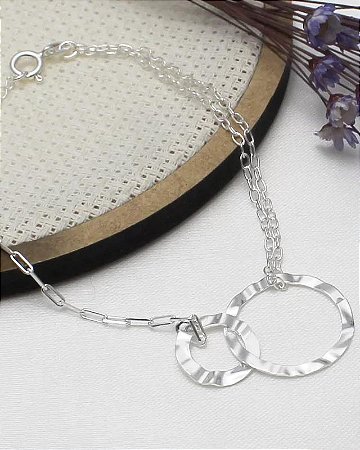 Pulseira Prata 18 + 2cm 2 Redondos Vazados Amassados