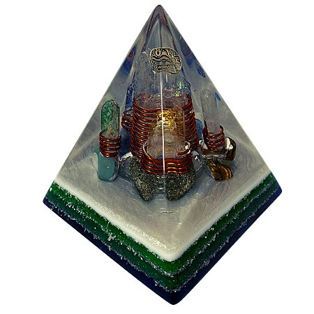 Pirâmide Orgonite 4 elementos 6 cm Terra, Fogo, Ar e Água + Brinde