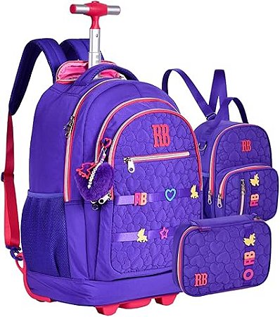 Kit Mochila Rodinha + Lancheira + Estojo Box Rebecca BonBon Roxa