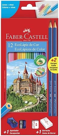 Kit Faber-Castell Ecolápis de Cor – 12 Cores + 2 Lápis Grafite + Apontador + Borracha