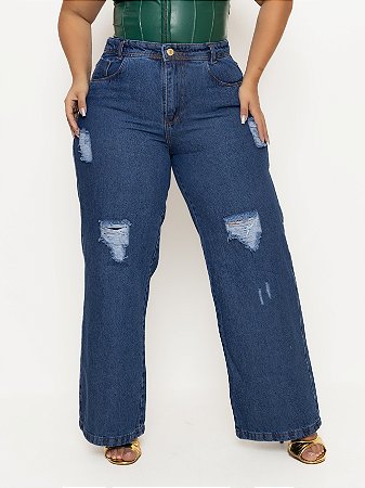 Calça Jeans Plus Size Wide Leg Rasgada