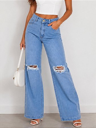 Calça Jeans Wide Leg Rasgo no Joelho