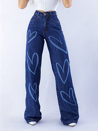 Calça Jeans Coração Wide Leg Cintura Alta Feminina - Useconf