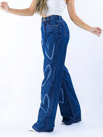 Calça Jeans Feminina Cintura Alta Wide Leg Corações Estilizado - PERFIL DE  LUXO