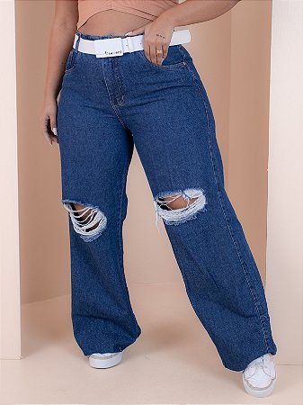 Calça Wide Leg Plus Size Com Cinto