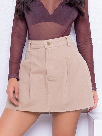 Saia Jeans Plissada Bege Cintura Alta
