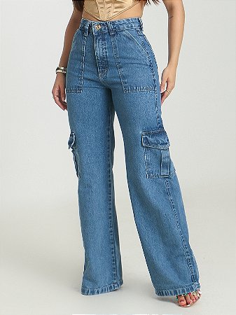 Calça Jeans Wide Leg Cargo