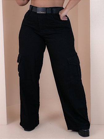 Calça Jeans Cargo Plus Size Preta Com Cinto