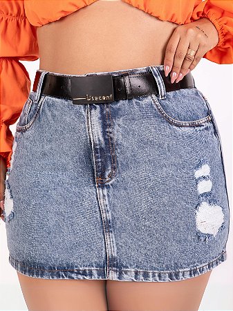 Saia Jeans Plus Size Barra Feita Com Cinto