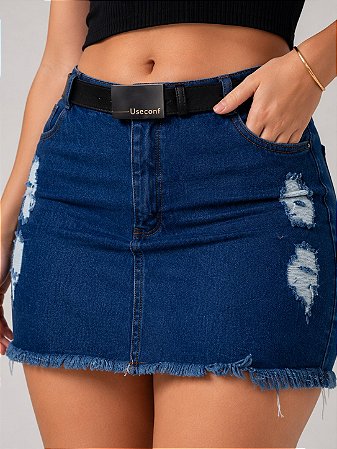 Saia Jeans Plus Size Com Cinto Preto