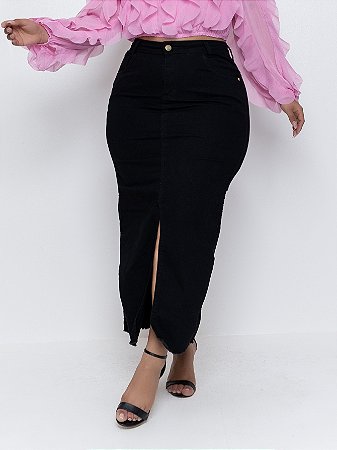 Saia Jeans Midi Plus Size Preta Com Fenda Cintura Alta Moda